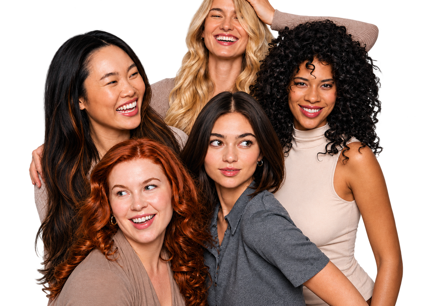 Five smiling women with fresh, healthy-looking skin